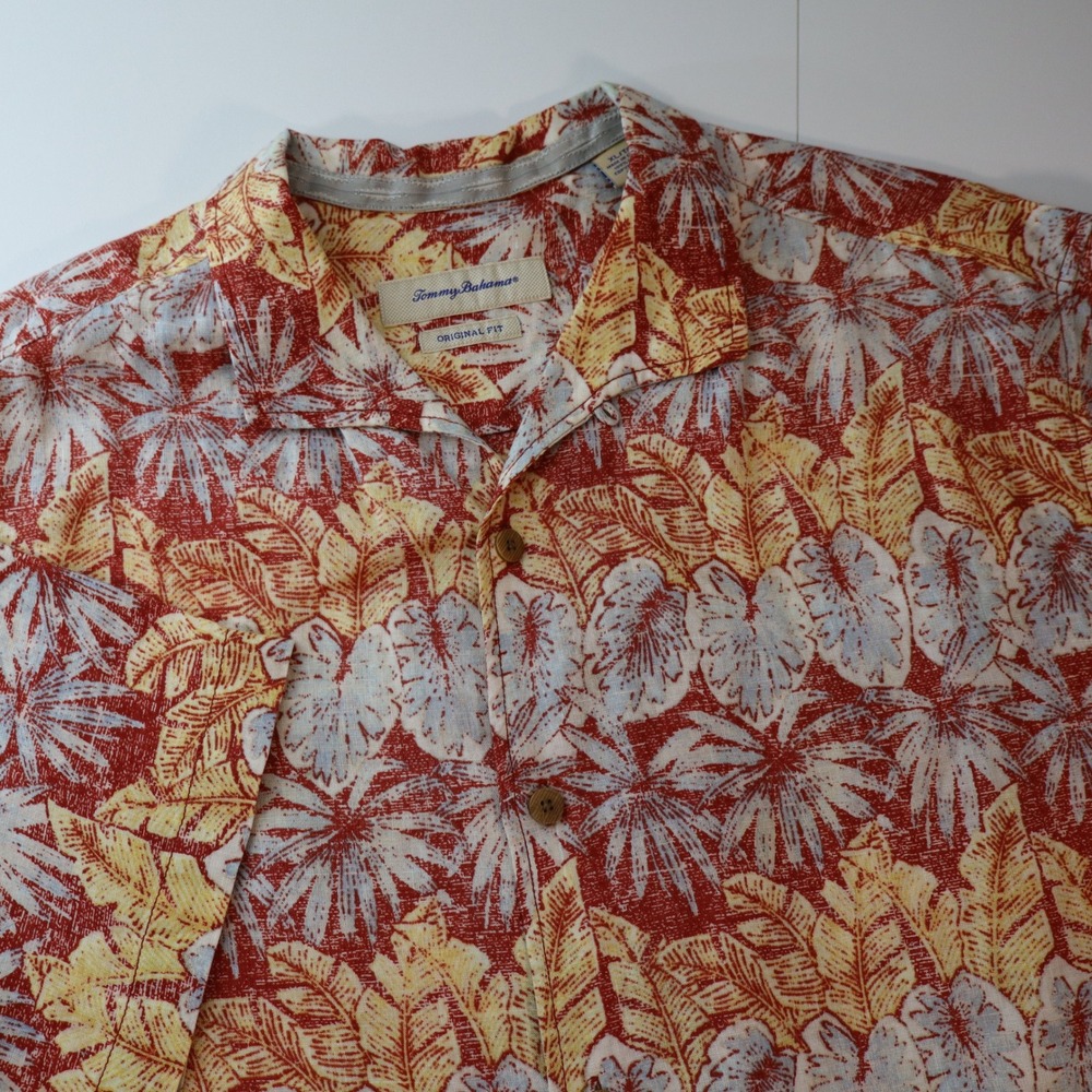 Tommy Bahama Mens XL Original Fit 100% Linen Tropical Palm Leaf Camp Shirt Red
